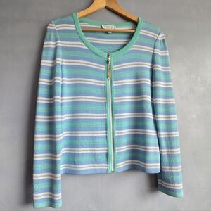 NEW ST. JOHN SPORT, VINTAGE STRIPE SWEATER, BLUE, GREEN, WHITE SIZE MEDIUM,